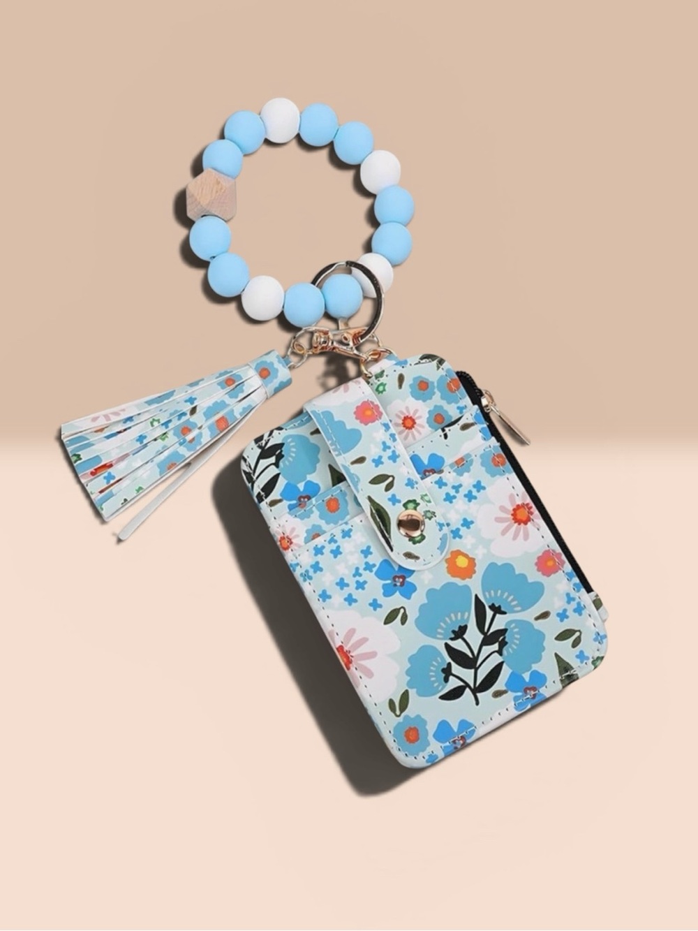 NWT Boho Blue Floral Beaded Wristlet Keychain Wallet Multi Card Holder